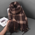 Thick autumn winter scarf in dark coffee and beige large plaid with long tassels - Coffee