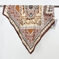 Brown paisley silk square scarf with vintage botanical patterns on a hanging display - 90*90cm / Brown