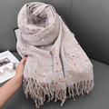Gray cashmere-like scarf with orange plaid patterns and thick fringe tassels for winter - Light Gray