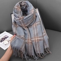 Blue and brown plaid scarf with tassels made of thick cashmere-like warm fabric - Haze Blue