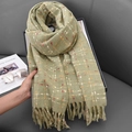Grass green plaid cashmere feel scarf with orange stripes and long tassels for winter - Grass Green