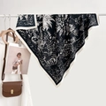 Elegant silk scarf with black floral and leaf print featuring a wide white border - 90*90cm / Black