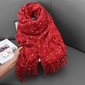Thick red plaid cashmere feel scarf with fringe trim and cozy checkered pattern - China Red