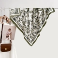Elegant white square scarf with green botanical floral print and silk-like texture - 90*90cm / Green