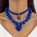 Blaue Perlenkette mit Herz- und Fisch-Anhänger im mehrlagigen Choker-Set für Damen - Blau (31940-nek-blue-EP)