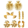 Lot de cinq paires de boucles d'oreilles dorées, designs éventail et soleil - Ensemble de Cinq Paires de la Série Géométrique Exagérée (28333-ear-G-set-EP)