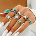 Set di anelli vintage bohémien con pietre turchesi, opali e incisioni di fiori e foglie - Argento Retrò (6225-silver)