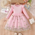 Rosa Langarmkleid für Mädchen mit Blumenstickerei und Details aus Rüschentüll - 100cm / Rosa
