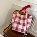 Plüsch-Tasche mit rosa-weißem Karomuster, kuscheliger Textur und roten Riemen - Verdickt Wendbar / Rot-Weißes Gittermuster
