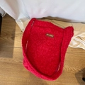 Plush faux fur bucket bag in bright red with vintage star-picking leather patch - Red