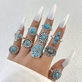 Set di 10 anelli vintage stile bohémien con turchese e motivi etnici floreali e cactus - Stile Collezione Boho (24890-blue)