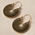 Detailed close-up of bohemian gold hollow C-shape earrings with intricate ethnic patterns - Gold (5673)
