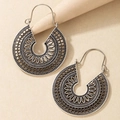 Detailed close-up of antique silver C-shaped bohemian hollow-out metal drop earrings - Antique Silver Semicircle Fan Hollow (5673-2)