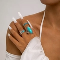Detail of bohemian silver rings set featuring turquoise stones and carved feather designs - Feather Turquoise Retro Rings (27588-blue)