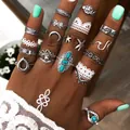 Bohemian vintage silver ring set with turquoise moon and star patterns on hand - Bohemian Vintage Silver 15-Piece Set (14564)