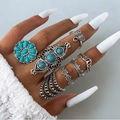 Retro bohemian silver ring set featuring turquoise stones and ethnic elephant motifs - Sunflower Carved Turquoise Style (19606-silver)