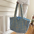 Blauw en geel geruite pluche draagtas met hartvormige bedel en zacht imitatiebont handvat - Blauw en Geel Raster Pluche Tote Bag