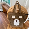 Brown teddy fleece tote bag with cute cartoon bear face and soft plush 3D ears - Brown 3D Ear Bear Shoulder Bag