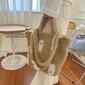 Borsa tote in sherpa marrone con stampa a fantasma bianco e grande capacità - Borsa in Peluche Khaki Lettere Cane Bianco Doppio Uso