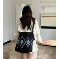 Black large shoulder bag featuring white geometric embroidery and blue floral patterns - Large Capacity Shoulder Crossbody (Vertical Diamond) / Black (Zigzag Embroidery & Patchwork)