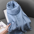 Thick fog blue cashmere-feel winter scarf with elegant long tassels for women - Light Blue