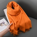 Luxurious bright orange cashmere-feel winter scarf with elegant fringe and twill weave - Orange