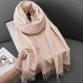 Soft cream cashmere feel winter scarf with elegant long fringes for women and men - Off-white