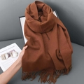 Soft dark orange cashmere-feel winter scarf with elegant fringe trim for women - Coffee