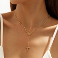 Layered gold infinity and cross pendant Y-necklace for women on a model neck - Infinity Cross Y-Shaped Necklace (29966) / Gold