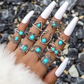 11-piece vintage bohemian elephant and turquoise ring set in antique silver finish - Bohemian Totem Turquoise Style (4189)