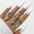 8-piece set of vintage silver bohemian rings featuring yellow stones and sunflowers - Sunflower Cactus Yellow Gemstone 8-Piece Set (25420-silver)