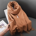 Elegant solid camel cashmere-like winter scarf with classic fringe detail for warmth - Khaki