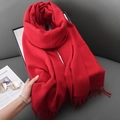 Elegant solid red cashmere-like winter scarf with tassels and thick soft texture - Dark Red