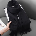 Classic black cashmere feel scarf with fringe tassel detail for elegant winter warmth - Black