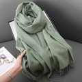 Sage green long winter scarf with handcrafted fringe details and soft cashmere-like texture - Morandi Green