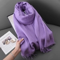 Elegant purple cashmere-feel scarf with fringes on leather background and sunglasses - Light Purple