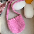 Pink lamb wool plaid crossbody bag with a semi-circle design and snap button closure - Pink Plush Semi-circle Crossbody Bag