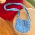Blue fuzzy lamb wool plaid crossbody bag with plush texture and button closure - Blue Plush Semi-circle Crossbody Bag