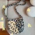 Fuzzy leopard print crossbody bag in green and brown wool-like fabric with pink snap button - Green Leopard Fur Semi-circle Crossbody Bag