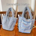 Reversible grey faux fur and blue checkered fabric tote bag with outer zipper pocket - Blue (Reversible)