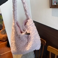 Pink plush faux fur tote bag with a vintage toggle button closure for winter - Pink Faux Lamb Wool Tote Bag