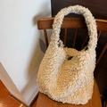 Fleece tote bag in creamy beige featuring a cozy sheep-like texture and toggle closure - Khaki Faux Lamb Wool Tote Bag