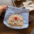 Blue plaid cartoon dog cosmetic bag with 3D plush ears and embroidered face details - Puppy Blue Plaid