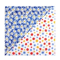 Floral square silk scarf featuring a split design with blue daisies and small wildflowers - Blue Daisy
