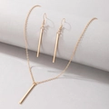 Close-up of minimalist gold rectangular bar pendant necklace and matching drop earrings - Long Bar Necklace and Earrings Set / Gold (19752)