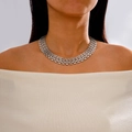 Macro shot of a wide silver chain link collar necklace on a white dress model - Wide Multilayer Woven Style (25648) / Silver