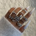 Detail of 7pcs vintage silver snake and gothic ring set worn on hand with cozy vibes - 7Pcs Retro Silver Star Moon Snake Set (27988-silver)
