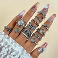 11-piece bohemian vintage silver ring set featuring sun moon and butterfly motifs - 11-Piece Bohemian Layered Style (26658-silver)