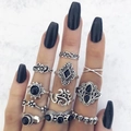 11-piece vintage silver ring set with gothic skull, sun, moon and black gemstone accents - 11-Piece Exotic Gothic Style (10057)