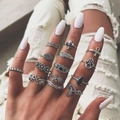 12-piece vintage antique silver ring set with hamsa hand, moon, and gemstone accents - 12-Piece Hamsa Hand Style (7023-silver)